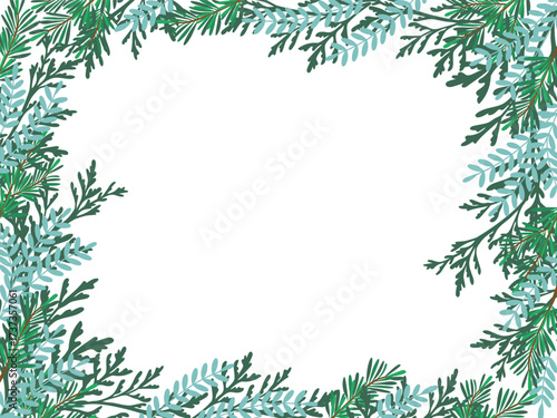 Pine and fir branches form a decorative frame on a white background. This vector illustration is perfect for holiday greetings, invitations, or seasonal designs. Crisp and clean design enhances any pr