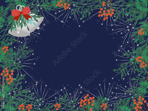 Christmas-themed border vector illustration featuring decorative elements like bells, pine branches, and berries against a midnight blue background, perfect for holiday designs.