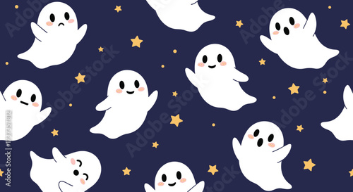 Cute whimsical ghosts floating among the stars on a dark night.