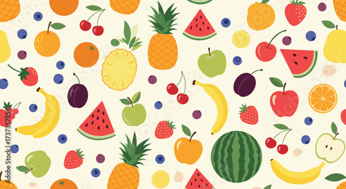 A colorful arrangement of various fresh fruits and berries creates a vibrant summer pattern design.