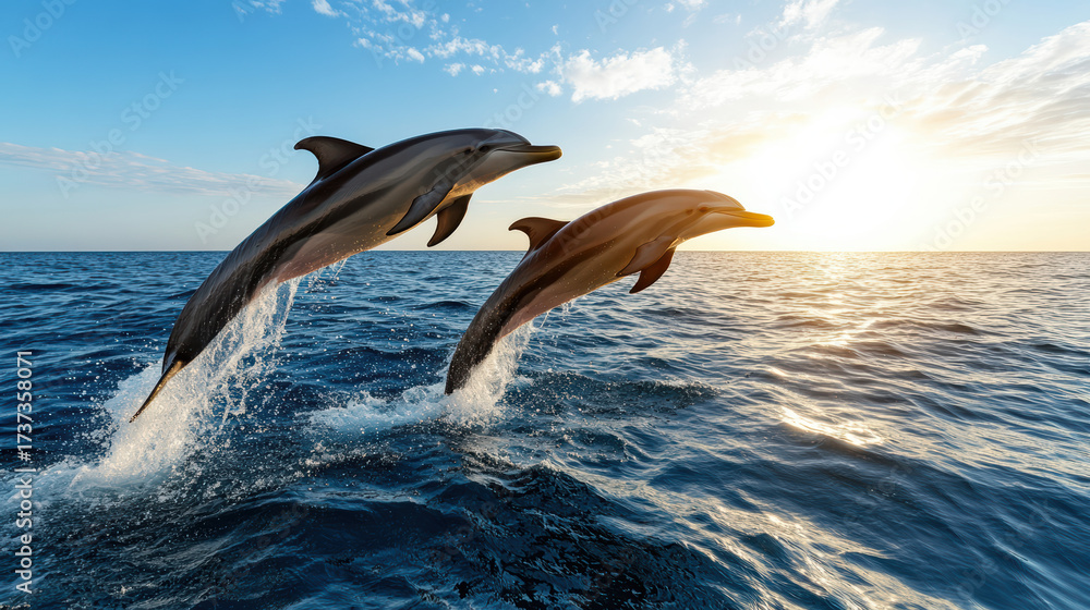 Obraz premium Dolphins jumping out of ocean waves at sunrise, creating joyful scene