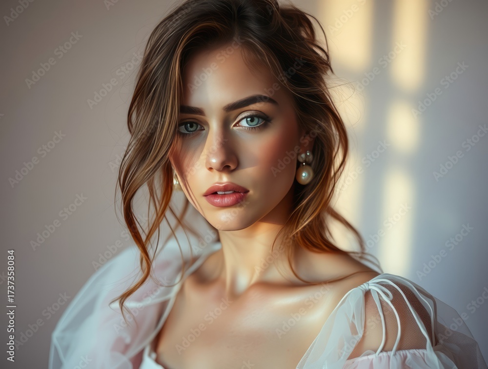 Fototapeta premium Timeless Beauty: A captivating portrait of a woman, her serene face framed by softly styled hair, showcases the allure of classic elegance and sophistication, enhanced by delicate pearl earrings.