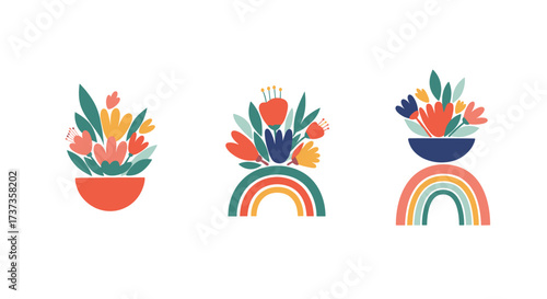 Vibrant abstract floral arrangements with colorful rainbow elements and botanical motifs.