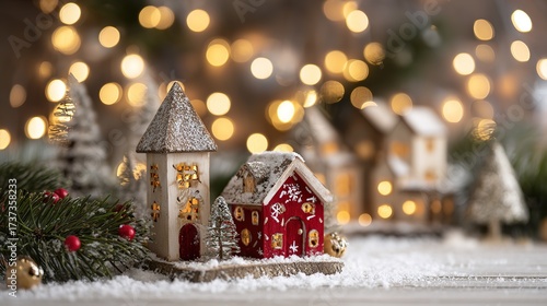 Christmas miniature houses with snow, red and wooden, amidst pine branches and festive lights, copy space
