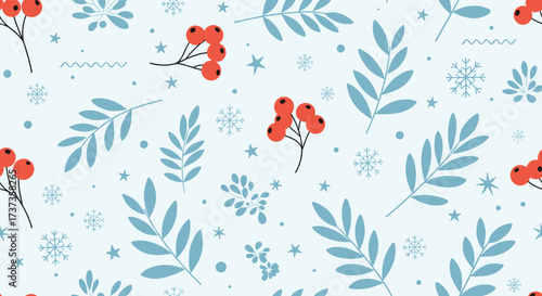 A delicate winter pattern featuring red berries and blue foliage with subtle snowflakes and star shapes.