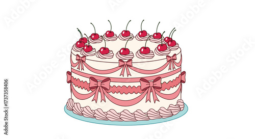 A beautifully decorated round cake topped with fresh cherries and delicate frosting.