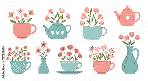 A charming collection of floral arrangements in teacups and vases a delightful assortment of blooms in various containers.