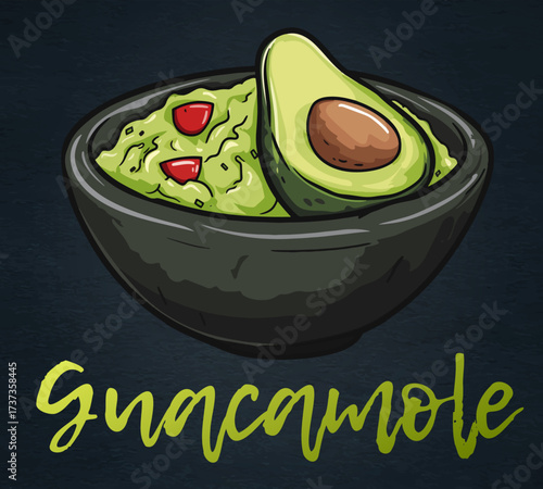 Cartoon Guacamole in a Bowl Vector Icon on Black Chalkboard. Vibrant illustration of a delicious guacamole dip in a black ceramic bowl. The bright green guacamole is garnished with a red tomato pieces