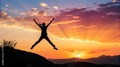 Wallpaper Mural Silhouette of a woman jumping with joy against a sunset sky Torontodigital.ca