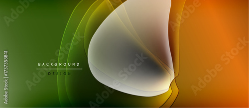 Abstract flowing shapes, green to orange gradient. Modern design with layered translucent elements. Smooth curves create dynamic visual effect.