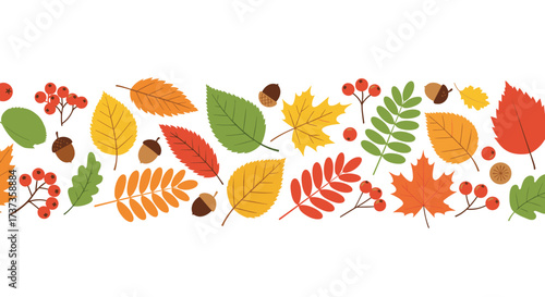 Vibrant seamless pattern showcasing a variety of colorful autumn leaves and berries.