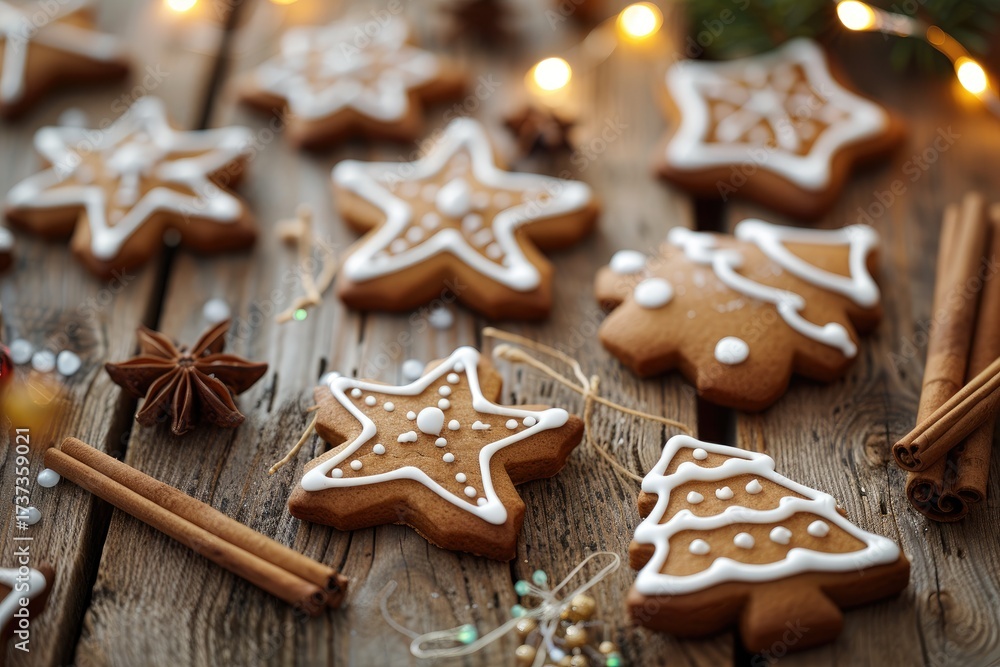 Fototapeta premium Gingerbread cookies decorated with icing on wooden table with cinnamon sticks and festive lights