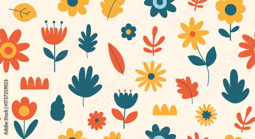 A delightful pattern of charming floral elements and leaves in warm autumn colors.