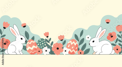 Happy easter greeting banner with adorable bunnies and decorated eggs surrounded by blooming flowers and lush greenery.