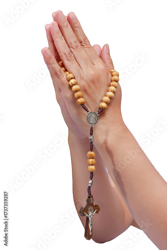 Woman praying rosary with folded hands, Hands in prayer with a rosary with a cross. Praying hands united for pray to God. isolated on transparent or white background