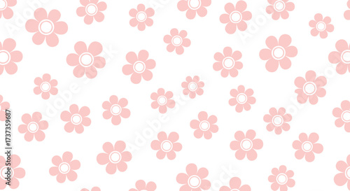 A delicate pattern of scattered pale pink cherry blossoms on a clean white background creating a gentle and serene visual.