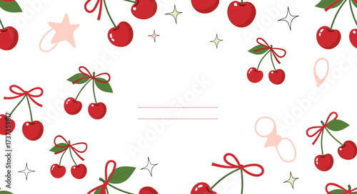 A charming pattern of ripe cherries with festive bows and sparkling stars adorning a clean white background.