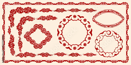 Collection of traditional chinese red cloud ornaments and decorative borders for festive occasions