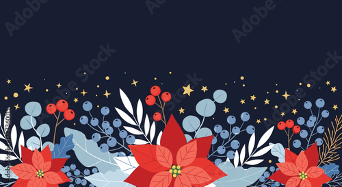 Festive floral arrangement featuring red poinsettias and delicate winter berries and foliage.