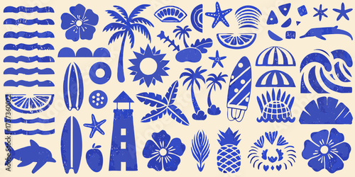 Collection of blue tropical summer beach icons and symbols on a beige background