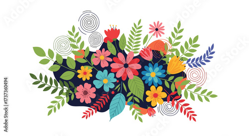 A vibrant arrangement of colorful flowers and green leaves forms a decorative pattern on a dark background.