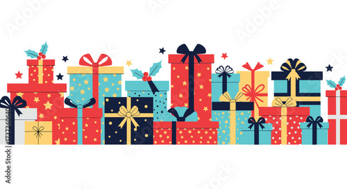 A colorful assortment of wrapped gifts with festive decorations.