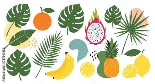 A vibrant collection of tropical fruits and lush green monstera and palm leaves creating a lively summer theme.