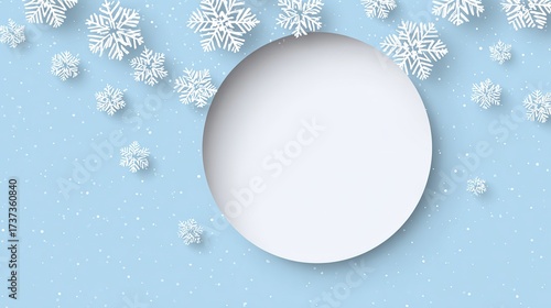 Christmas snowflake background, with circular white space on light blue, winter theme, copy space