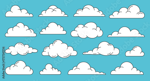 A collection of fluffy white clouds set against a bright blue sky.