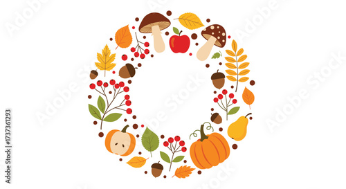 A delightful wreath crafted from autumn harvest elements like pumpkins apples and mushrooms.