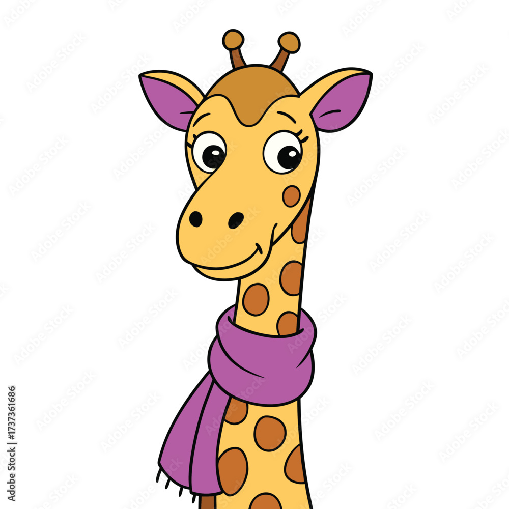 Obraz premium Giraffe Wearing Purple Scarf Cartoon Vector