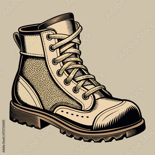 Detailed illustration of a vintage work boot or hiking boot