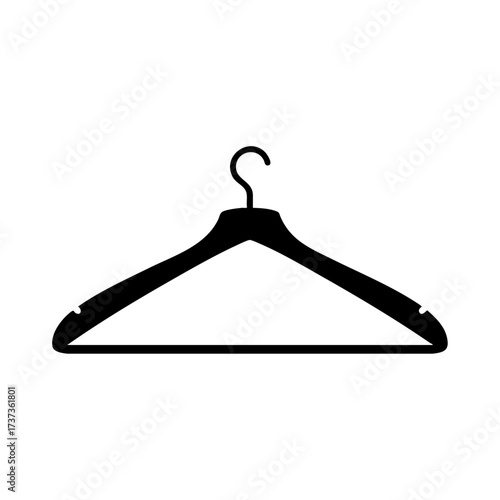 Black clothes hanger minimalist design, simple silhouette icon for wardrobe, closet, organization, or laundry concepts, isolated on a white background.