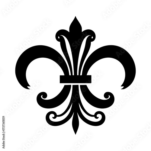 Elegant black fleur de lis silhouette representing French heritage and royalty with bold graphic simplicity, commonly used in heraldry and decorative art.