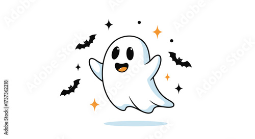 This adorable cartoon ghost is flying around with bats and stars on a white background.