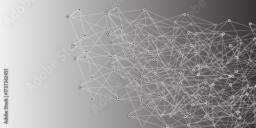 A digital network mesh of glowing connection nodes and fine intersecting lines on a smooth gradient gray background, symbolizing data flow, communication, and modern technology.