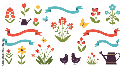 Collection of colorful spring floral elements and garden decorations for a festive seasonal design.
