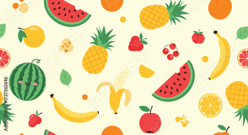 A vibrant and colorful pattern featuring a variety of delicious and refreshing fruits and some cute little characters on a light yellow background.