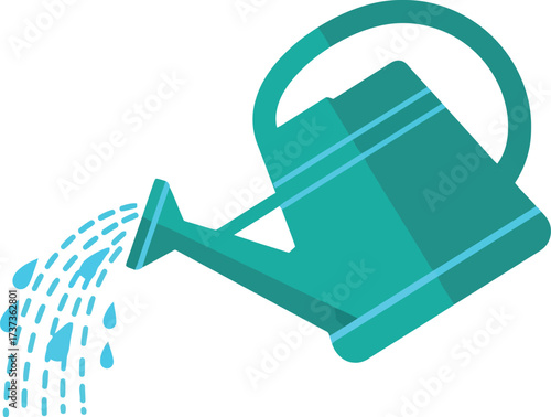 Teal watering can pouring fresh water garden care concept vector
