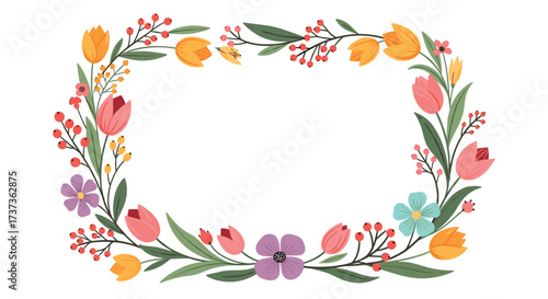 A beautiful oval floral border design featuring tulips and small berries in vibrant spring colors.