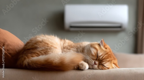 Plump and Fluffy Scottish Fold Cat Curled Up in Sleep on a Cozy Couch with a Soft Surface and Neutral Background