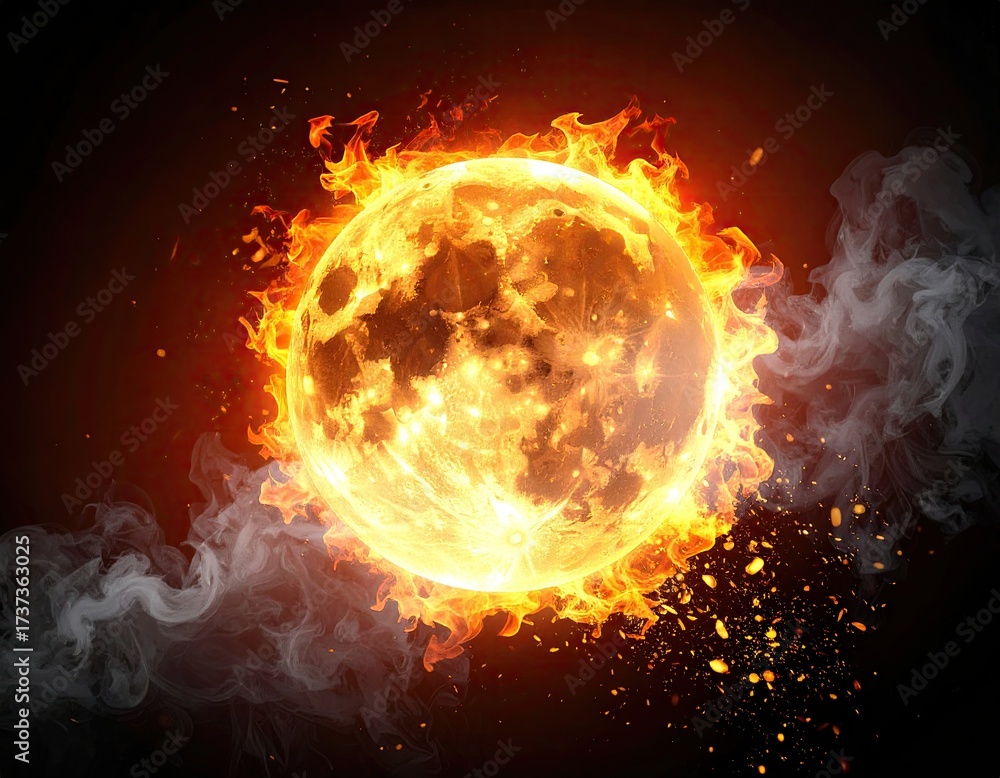 Fototapeta premium Burning orb. Flames and smoky wisps surround a glowing sphere