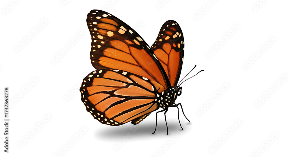 Fototapeta premium Vibrant orange and black butterfly with open wings, isolated on a clean white background with subtle shadow