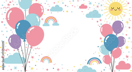 A delightful sky full of pastel balloons clouds and rainbows for a celebration.