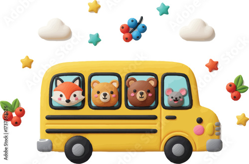 Back to school cartoon yellow school bus with supplies and children on road