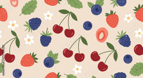 A vibrant and charming collection of assorted berries and small white flowers scattered across a light beige background.
