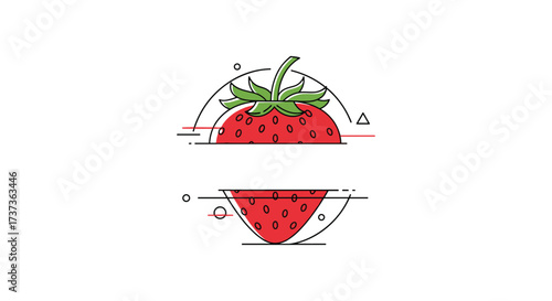Fresh juicy strawberry illustration with abstract geometric elements and a white background.
