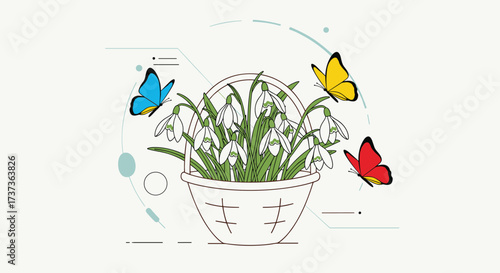 A delightful basket filled with delicate white flowers and colorful butterflies fluttering around it.