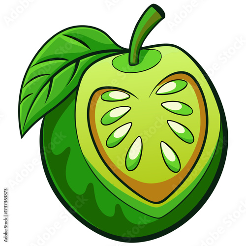 Vibrant cartoon guava illustration with a playful, sliced view, perfect for children's books, healthy food blogs, and educational material about fruits