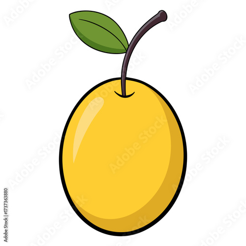 Vibrant yellow plum with a fresh green leaf, perfect for health and wellness branding or playful food illustrations that bring a light, organic touch